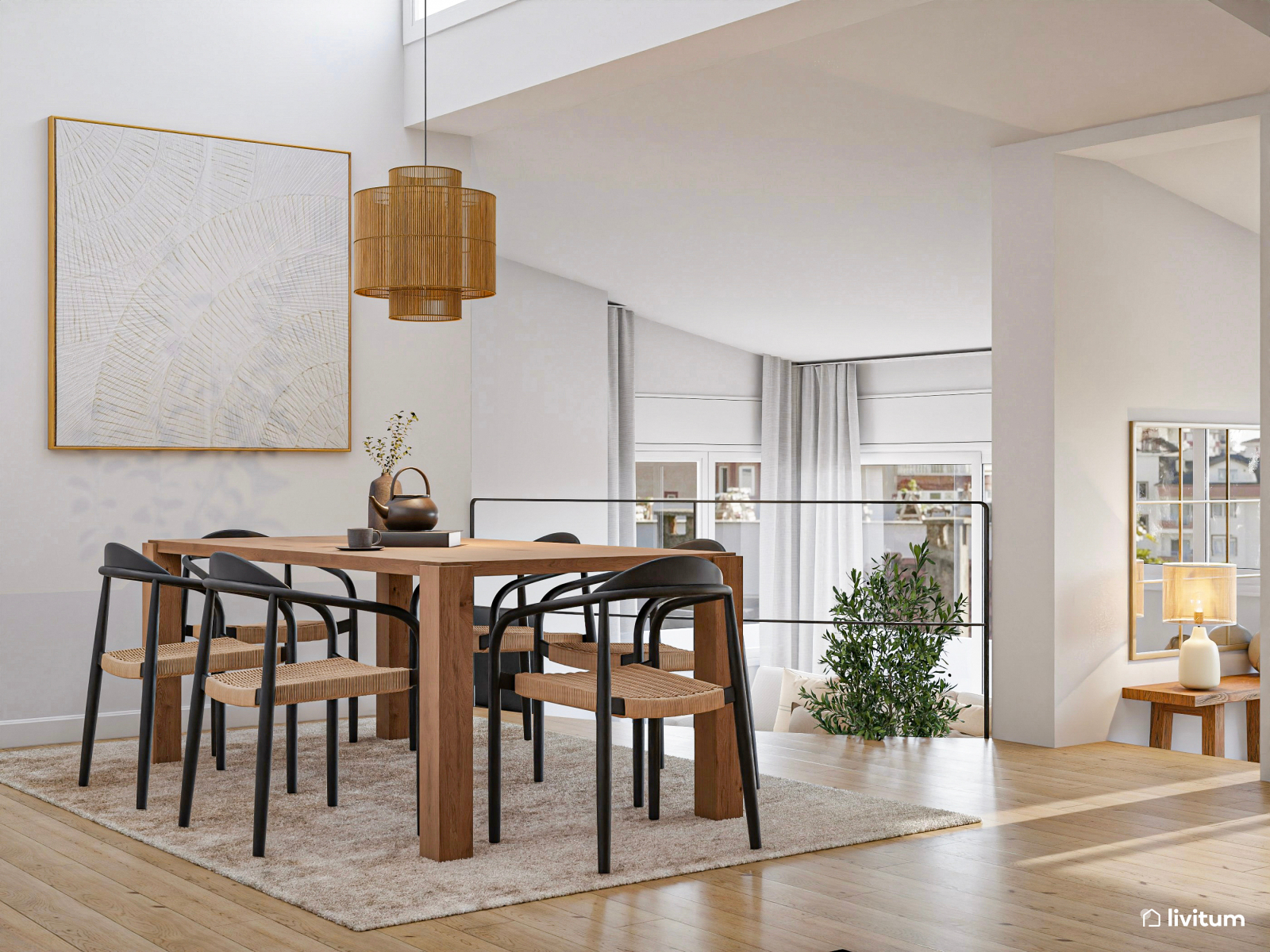 Salón comedor sobrio, moderno y acogedor en dos alturas 