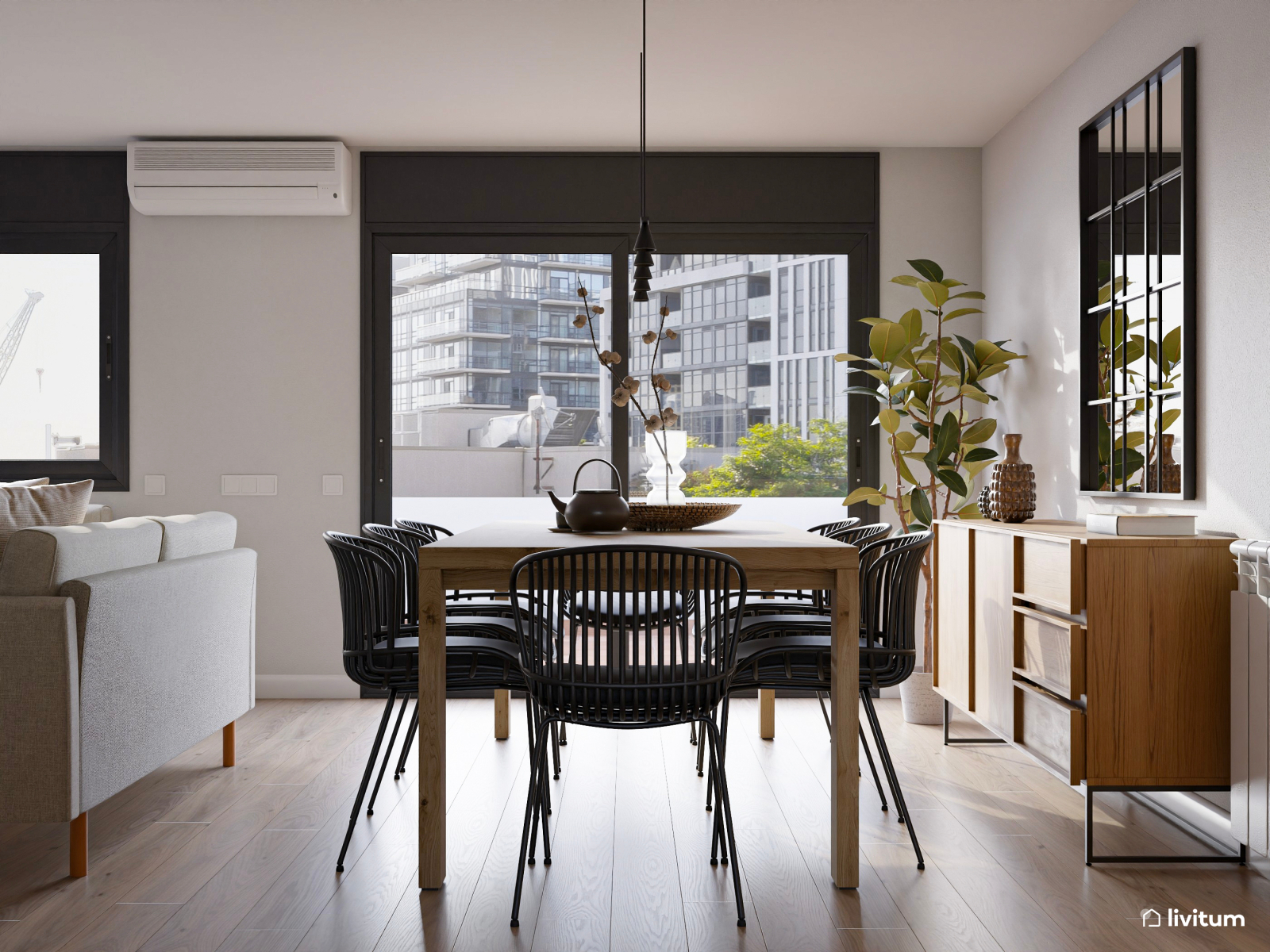 Salón comedor sofisticado en tonos neutros y toques oscuros