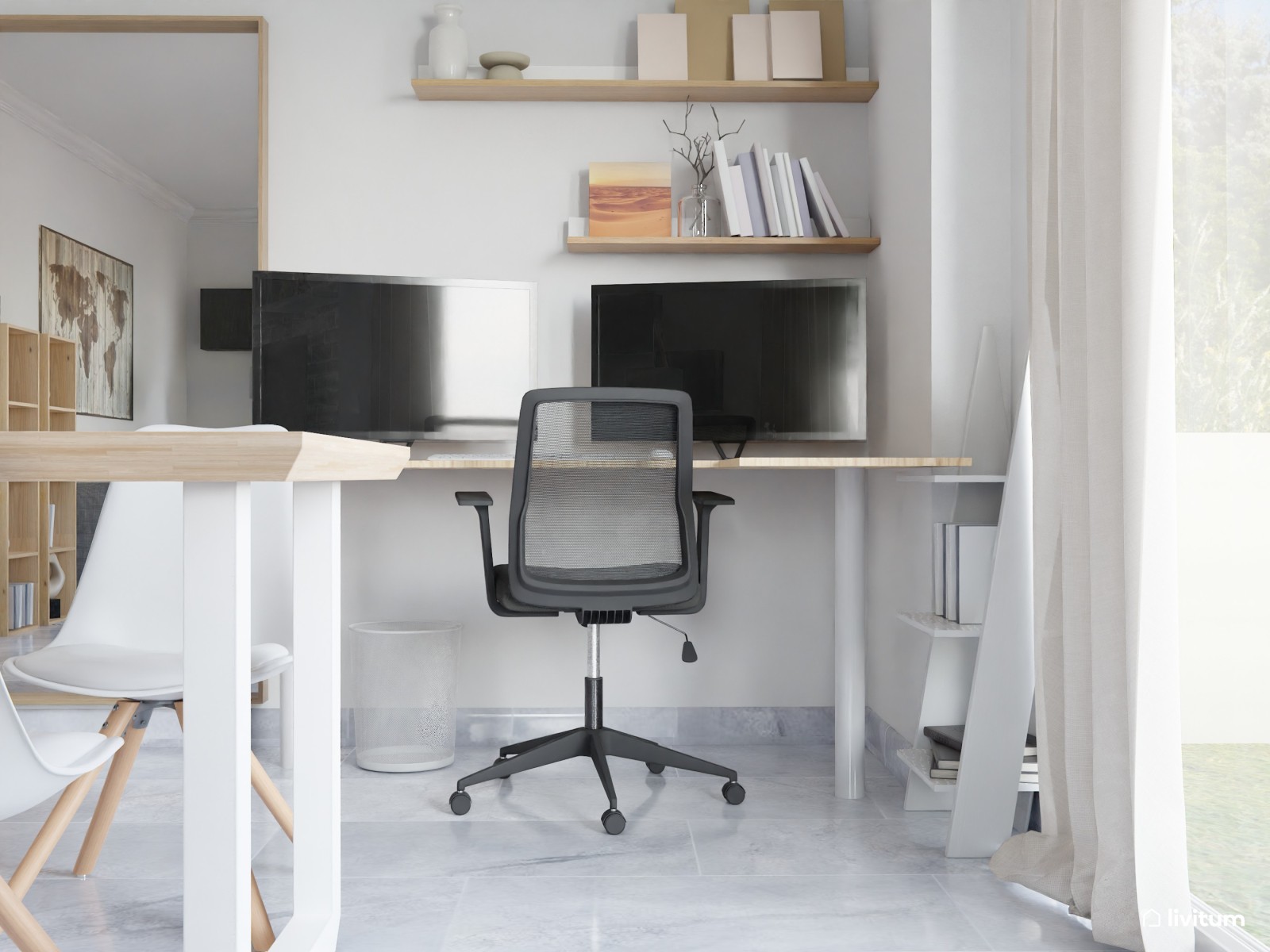 Salón, comedor y estudio de estilo nórdico y moderno 