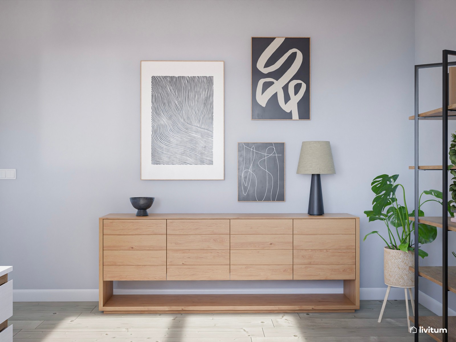 Salón de diseño contemporáneo con luz natural y oficina integrada