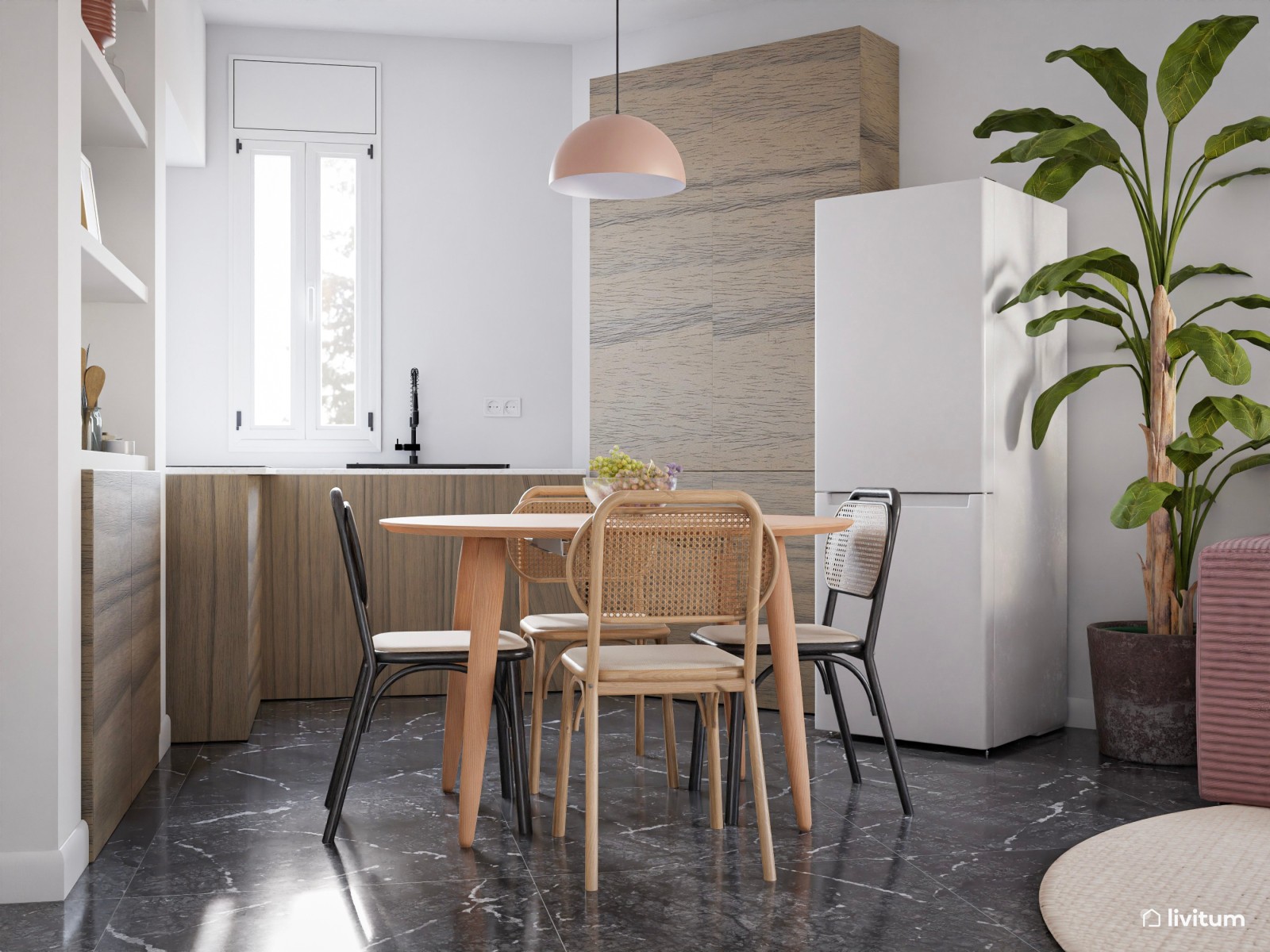 Salón en beige y rosa con cocina abierta 