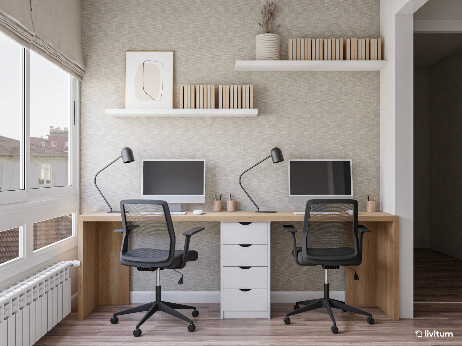 Salón luminoso con espacio de trabajo doble y rincón de lectura