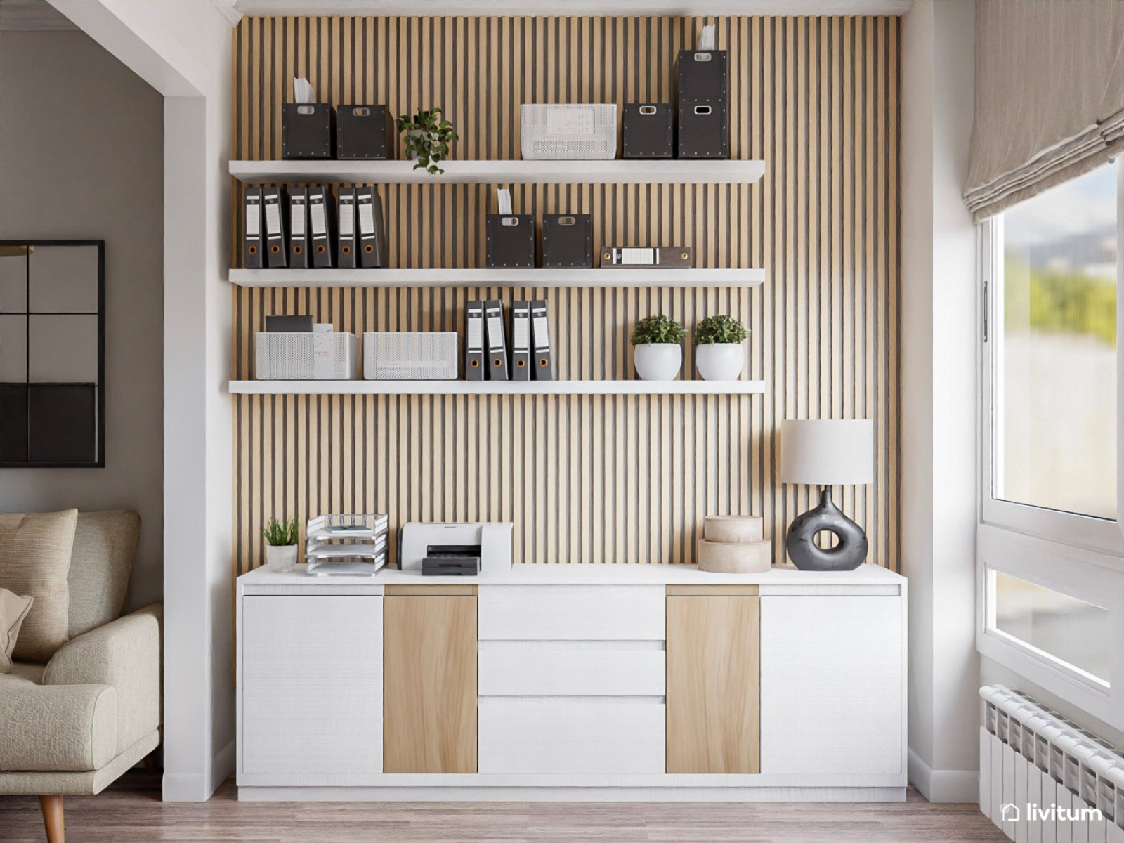 Salón luminoso con espacio de trabajo doble y rincón de lectura