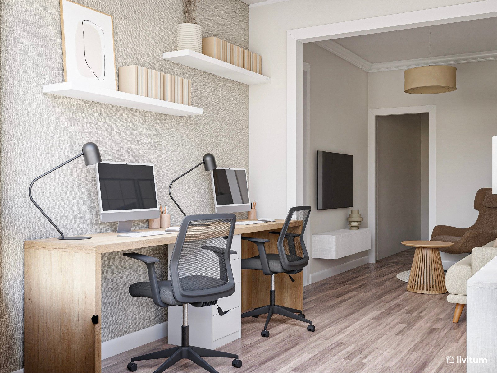 Salón luminoso con espacio de trabajo doble y rincón de lectura