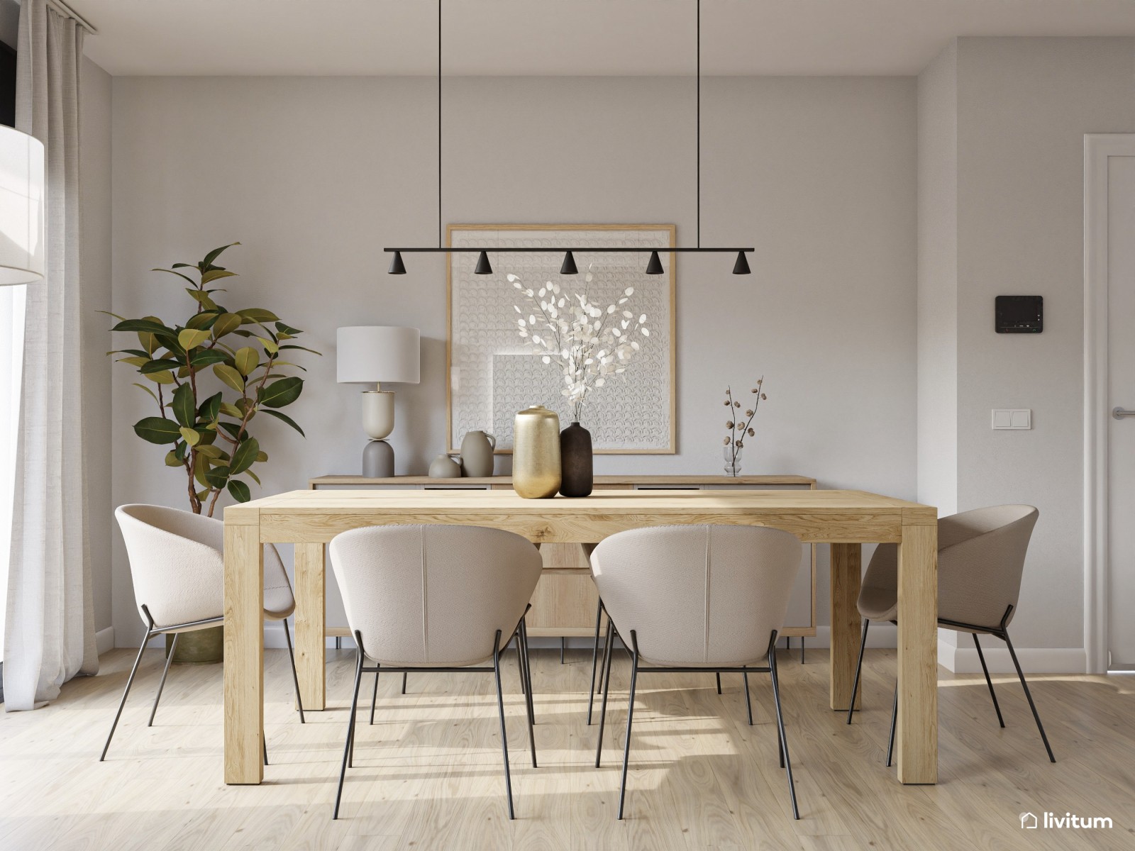 Salón moderno con cocina y comedor en tonos claros