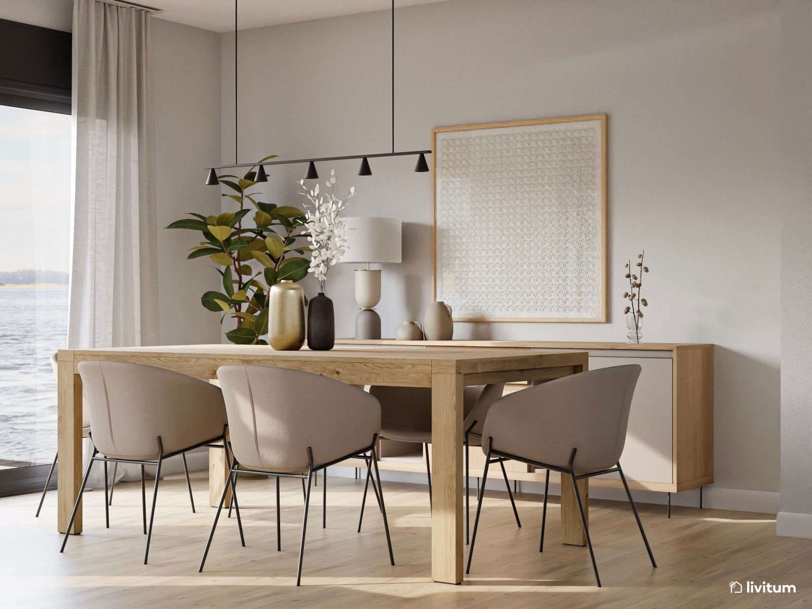 Salón moderno con cocina y comedor en tonos claros