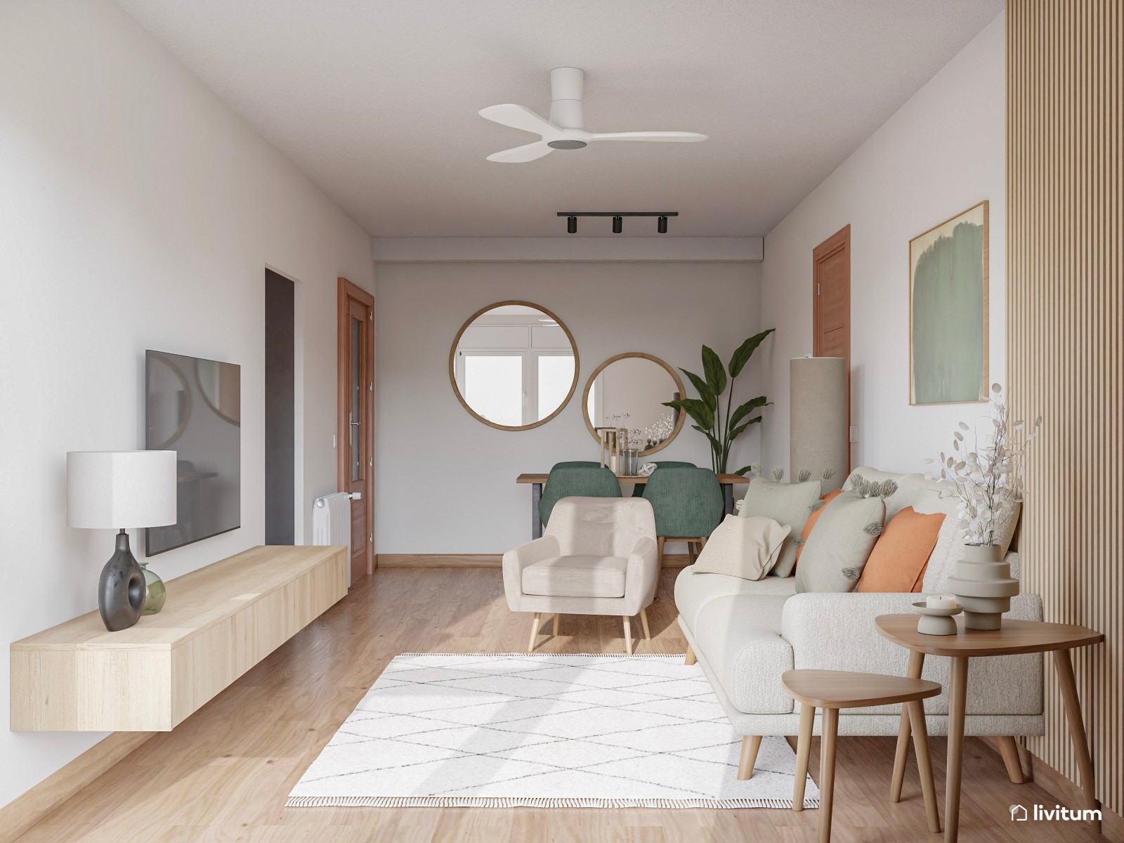 Salón moderno con comedor en madera y tonos verdes 