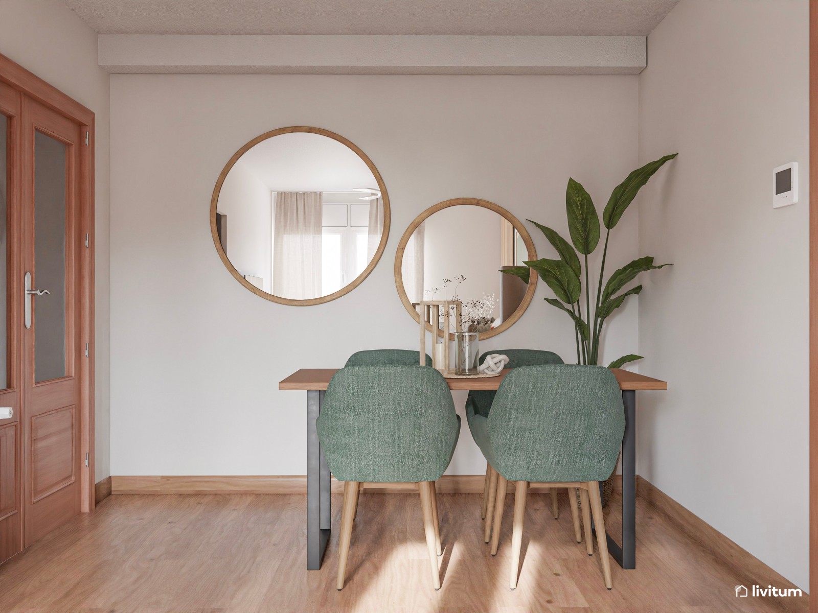 Salón moderno con comedor en madera y tonos verdes 