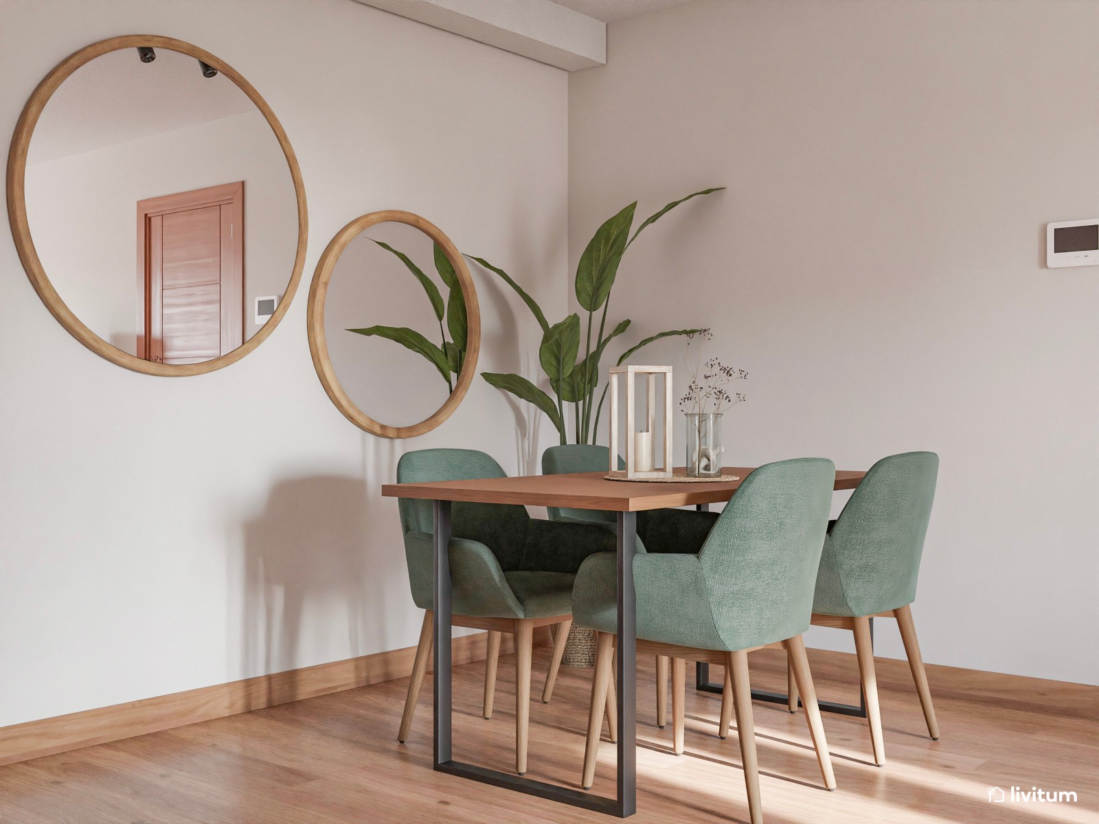 Salón moderno con comedor en madera y tonos verdes 