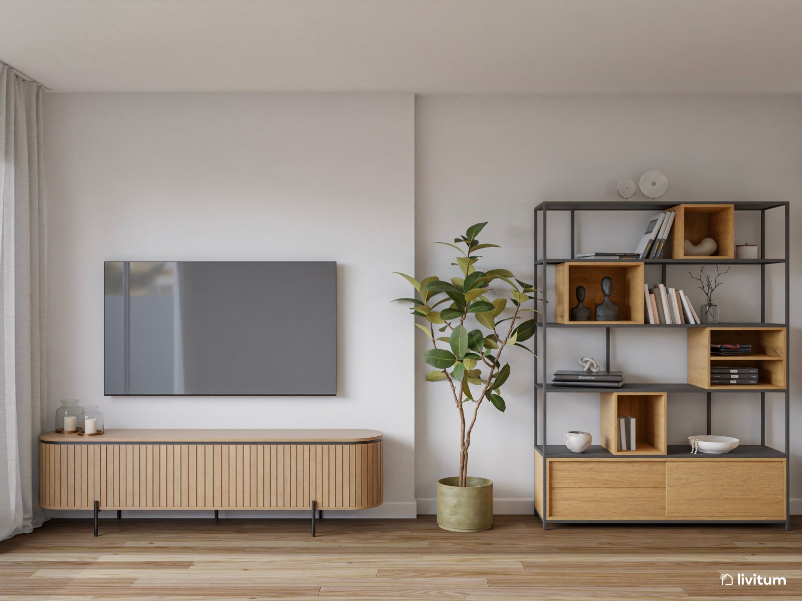 Salón moderno con comedor en tonos verdes y espacio de trabajo