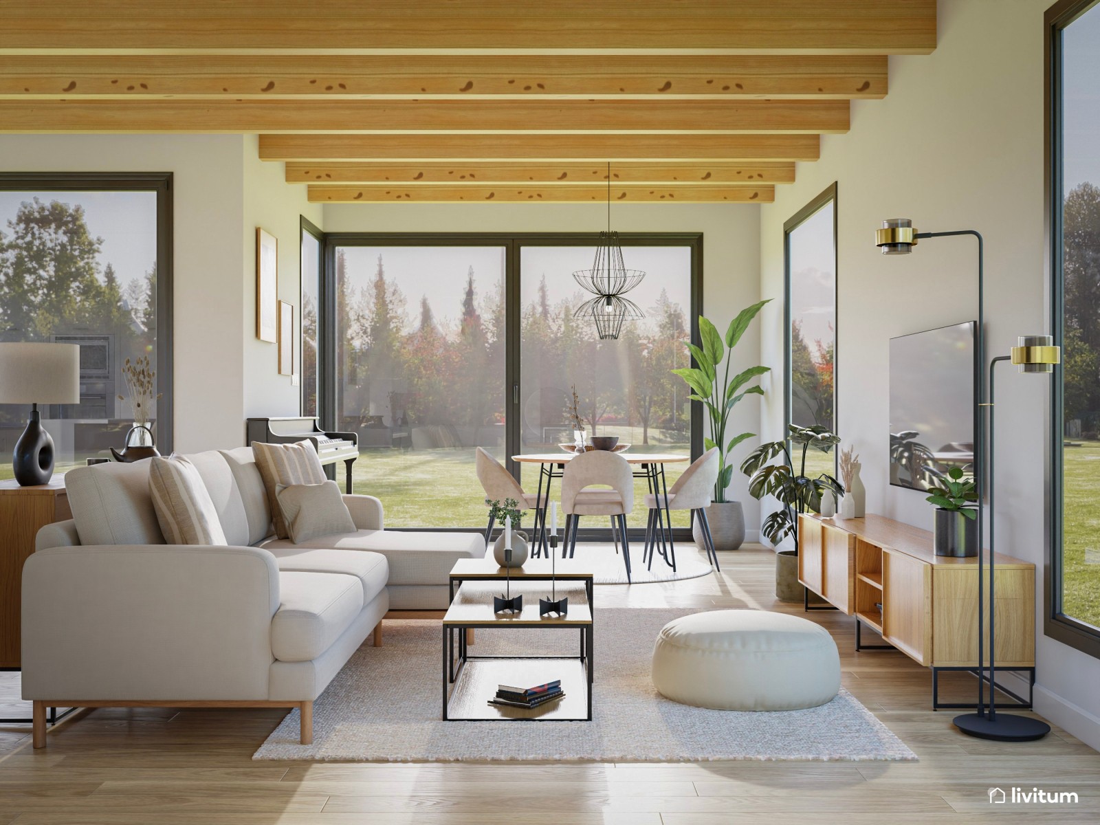 Salón moderno y luminoso con cocina abierta, piano y vistas al jardín 