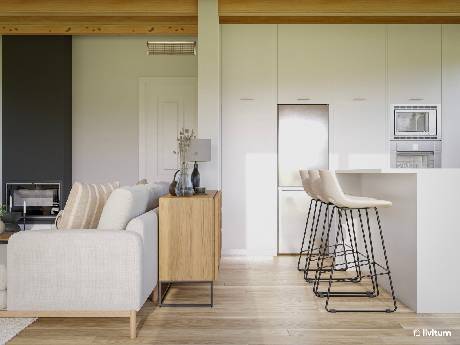 Salón moderno y luminoso con cocina abierta, piano y vistas al jardín 