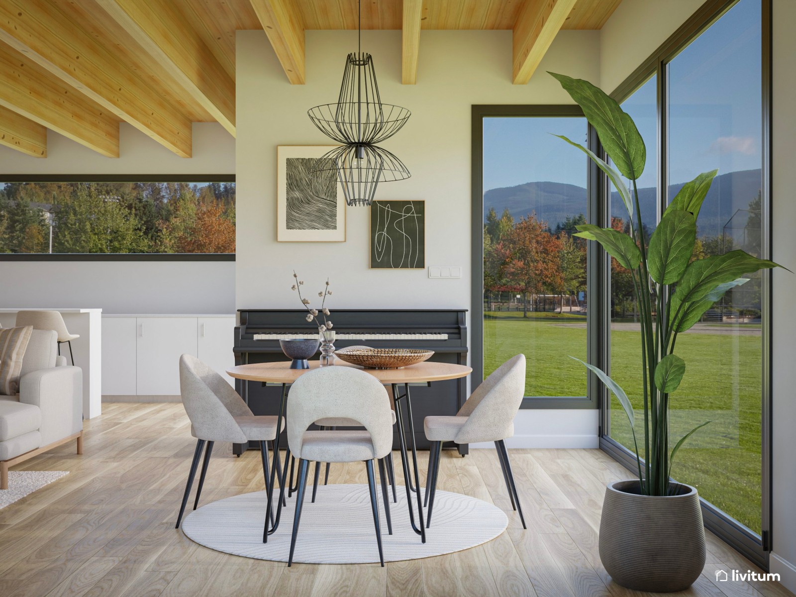 Salón moderno y luminoso con cocina abierta, piano y vistas al jardín 