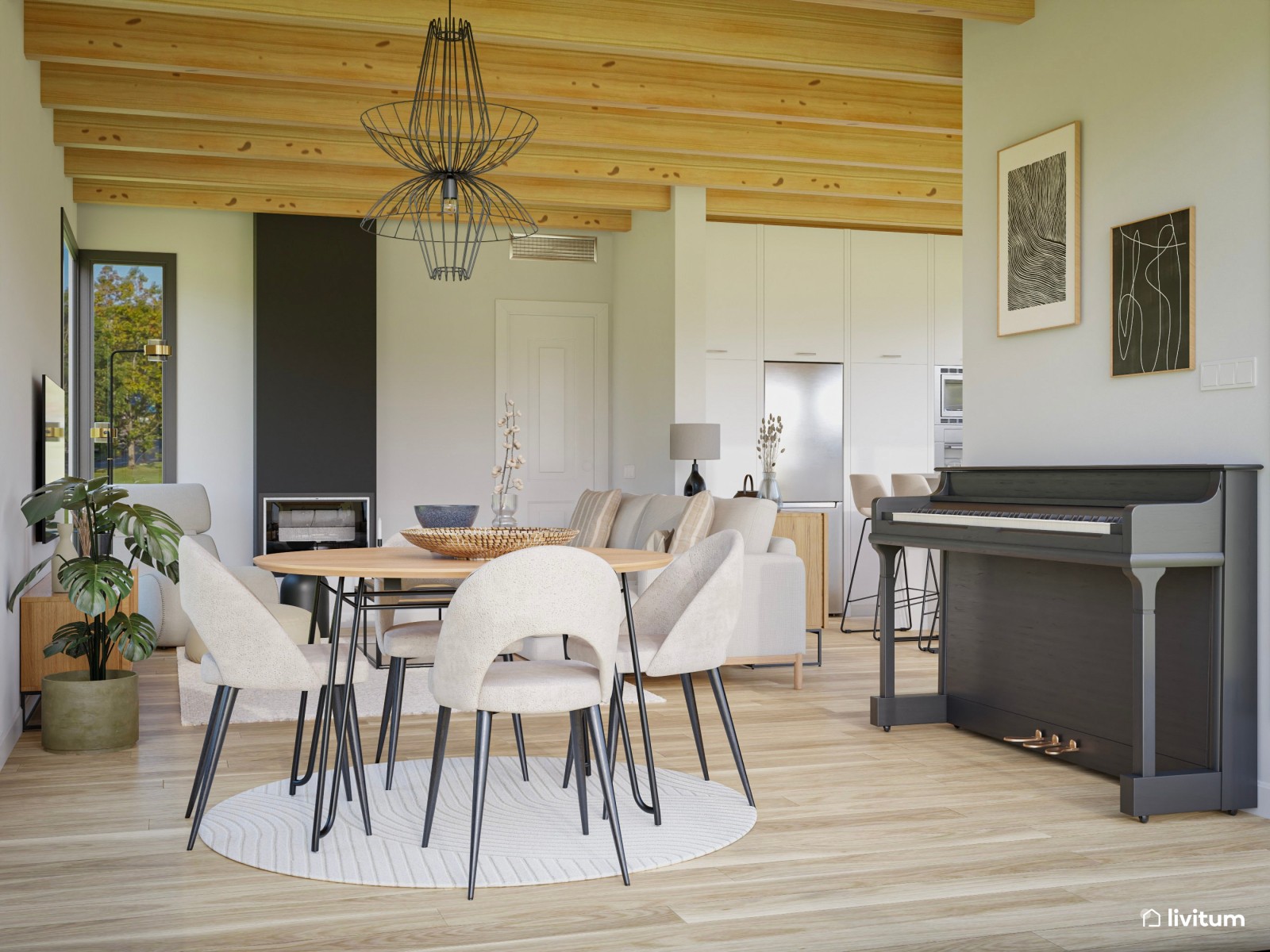 Salón moderno y luminoso con cocina abierta, piano y vistas al jardín 