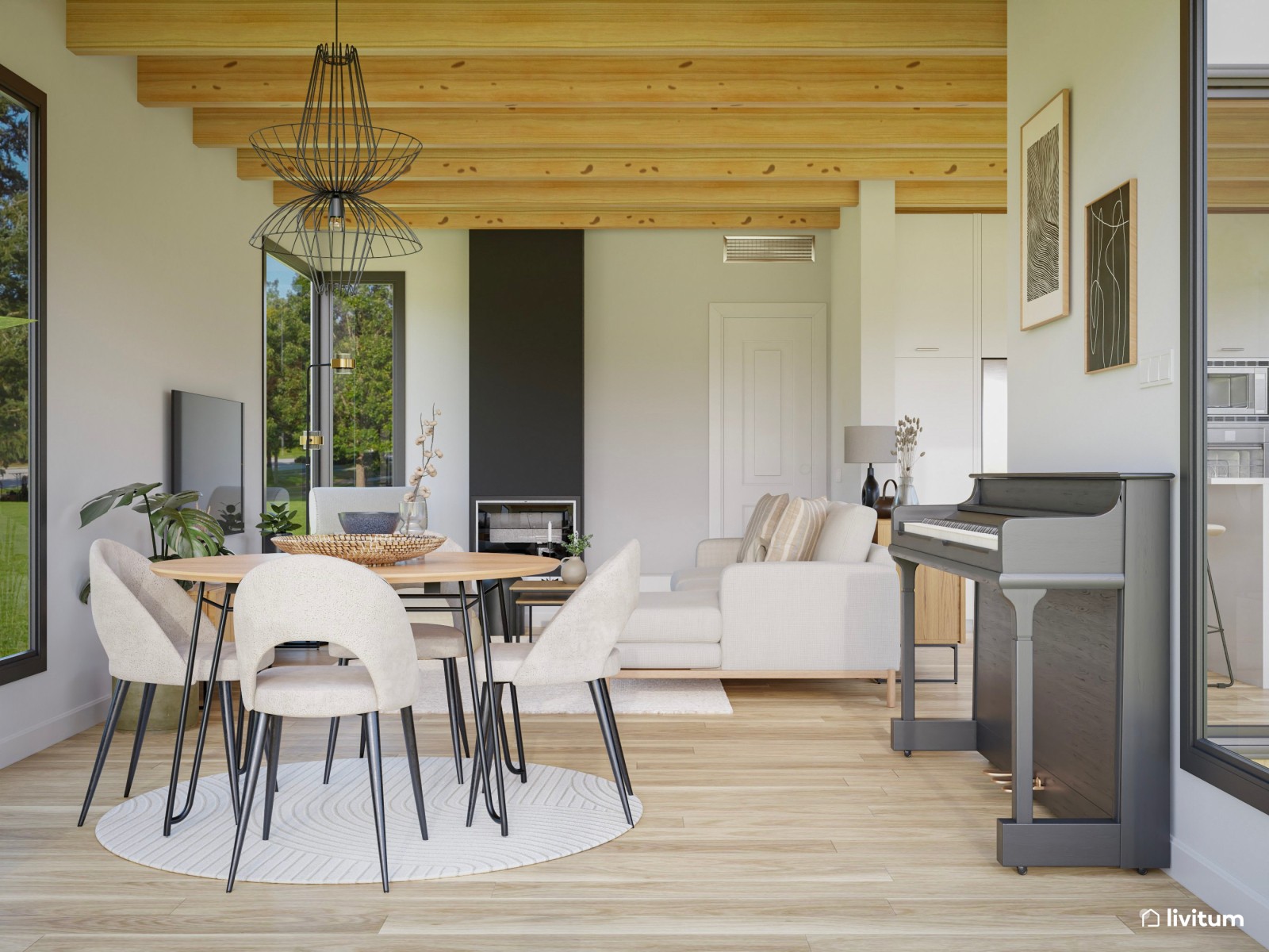 Salón moderno y luminoso con cocina abierta, piano y vistas al jardín 