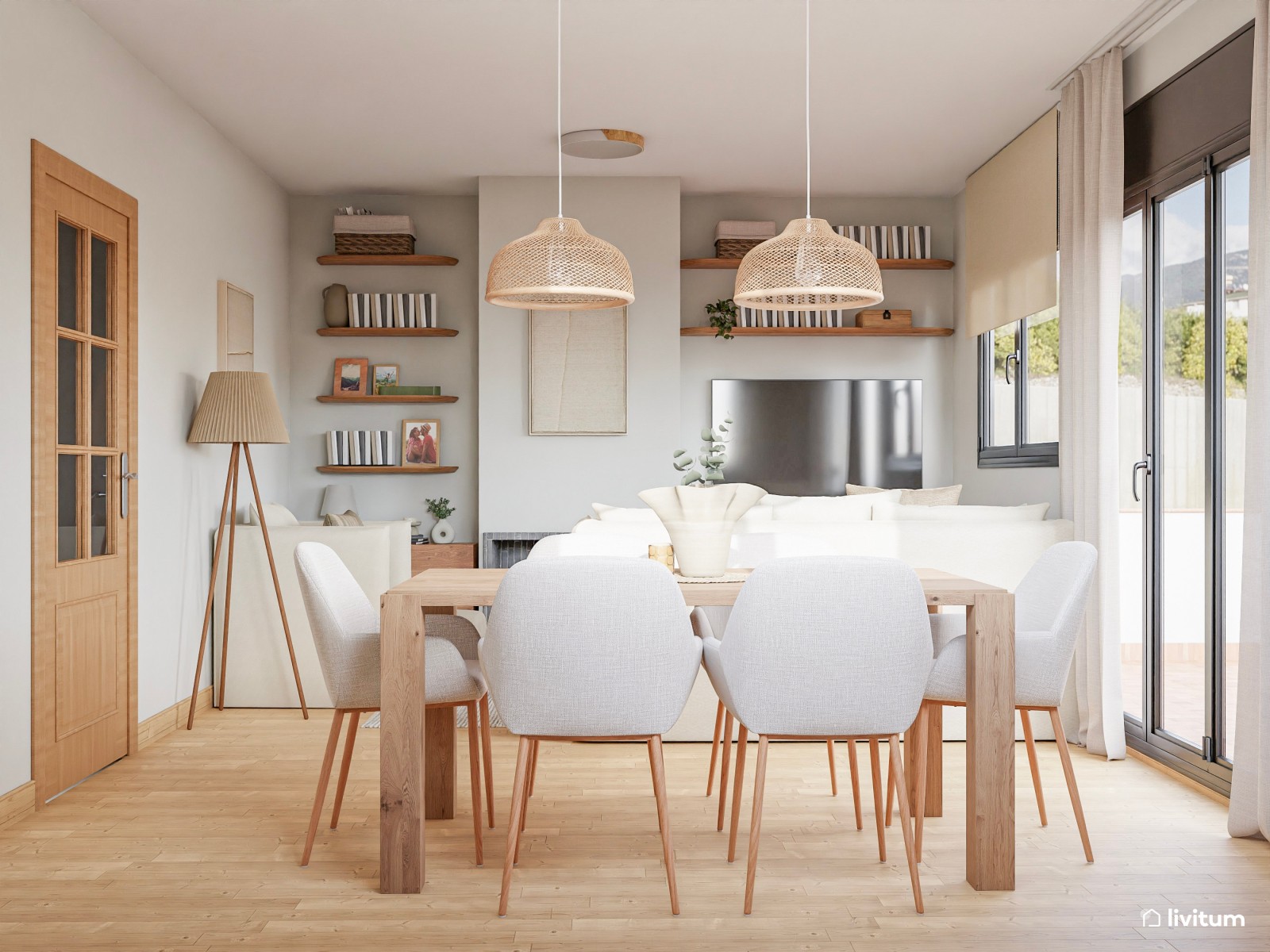 Salón pequeño bien aprovechado con comedor blanco