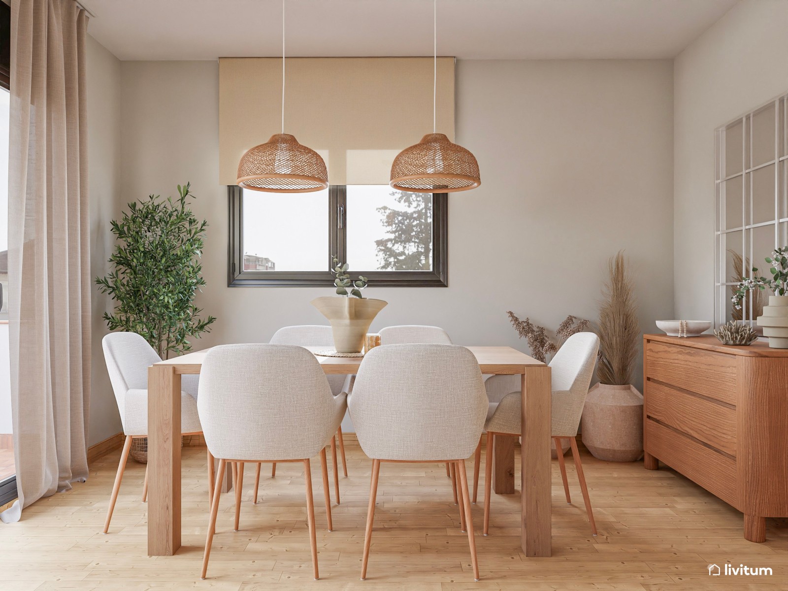 Salón pequeño bien aprovechado con comedor blanco