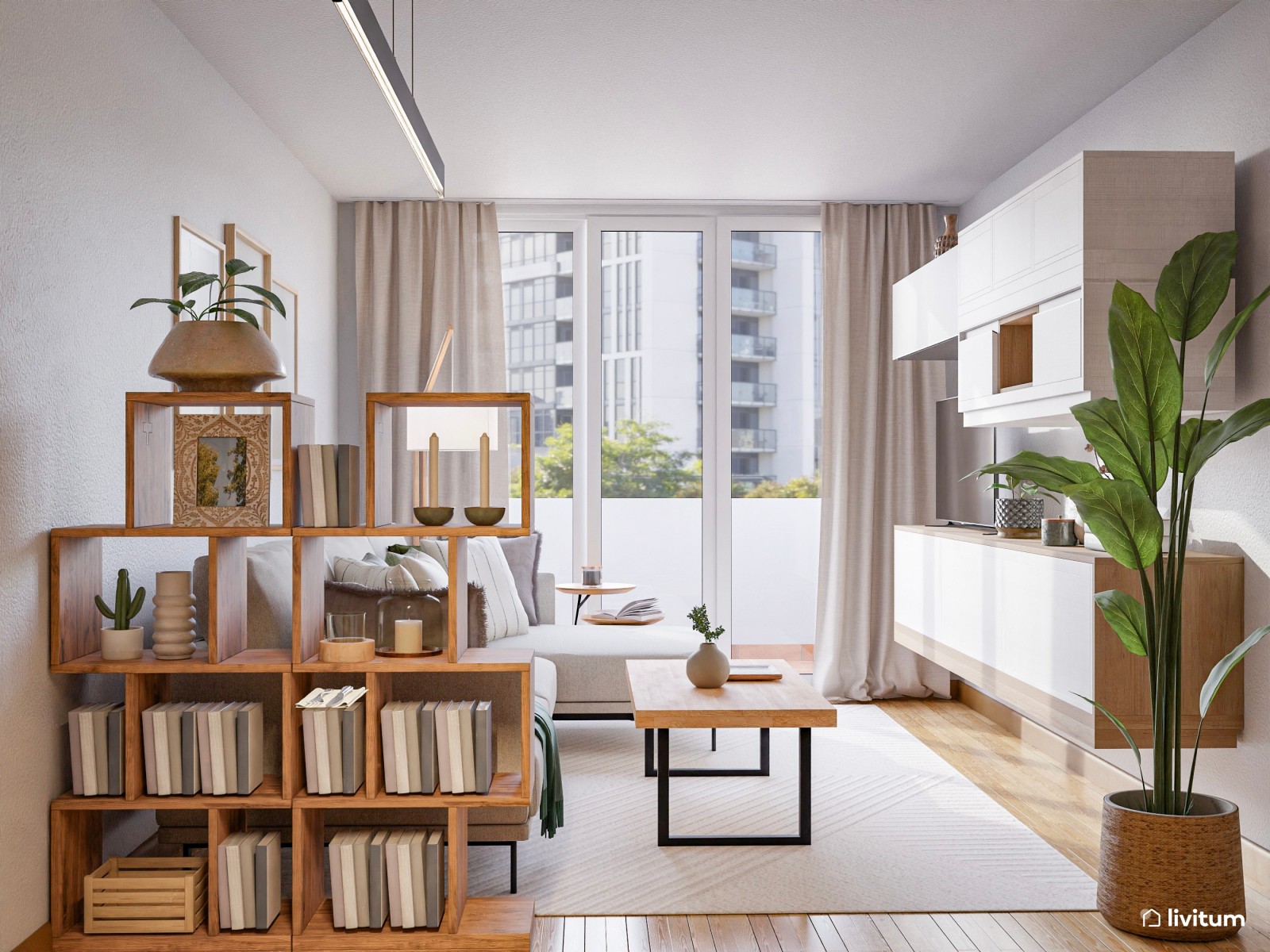 Salón pequeño con comedor moderno y luz natural bien aprovechada