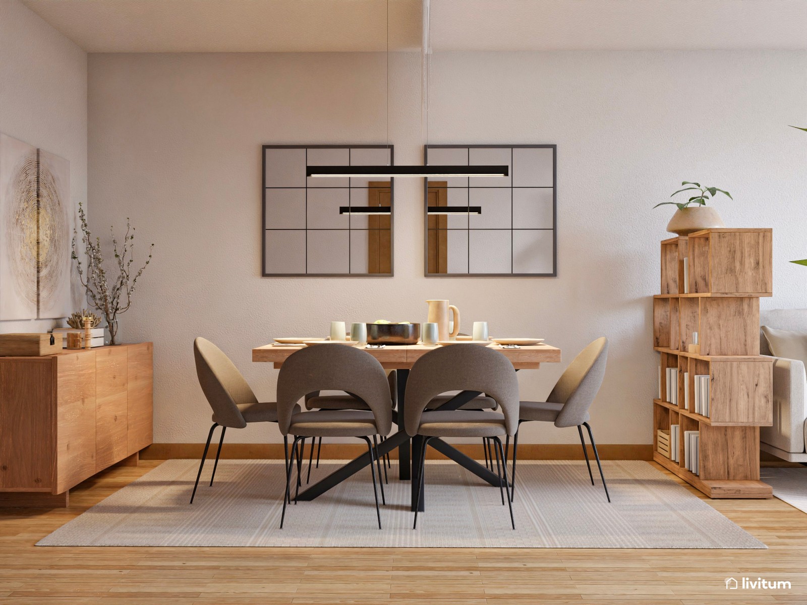 Salón pequeño con comedor moderno y luz natural bien aprovechada