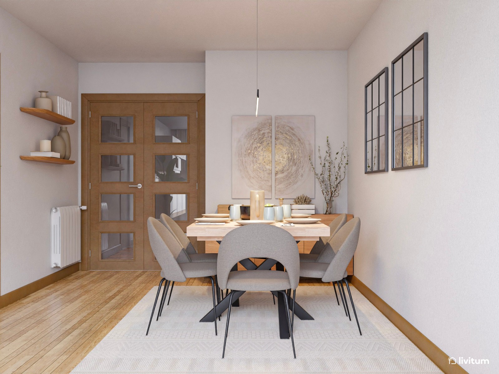 Salón pequeño con comedor moderno y luz natural bien aprovechada