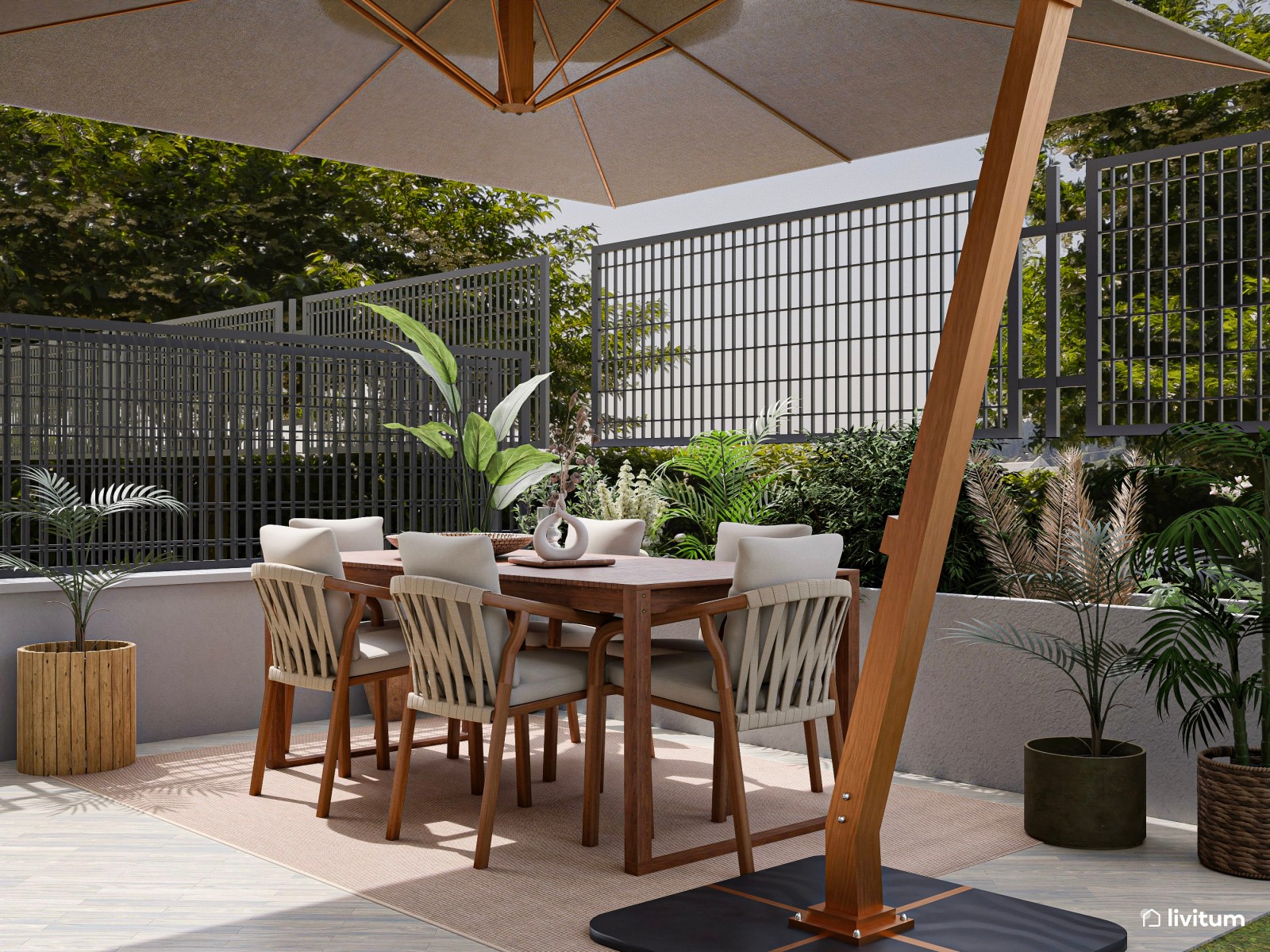 Terraza acogedora y moderna con comedor exterior