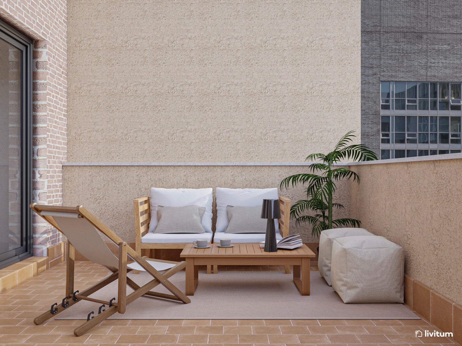 Terraza funcional con muebles de madera y acentos en negro