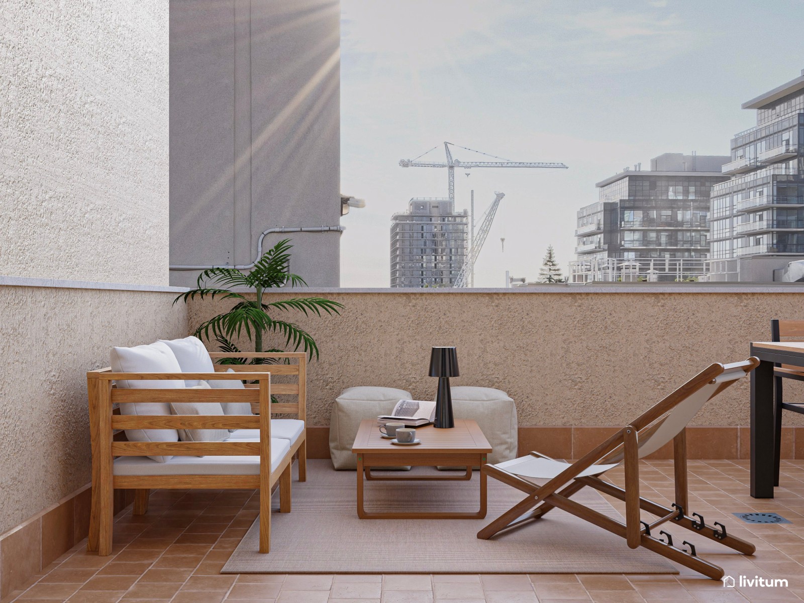 Terraza funcional con muebles de madera y acentos en negro