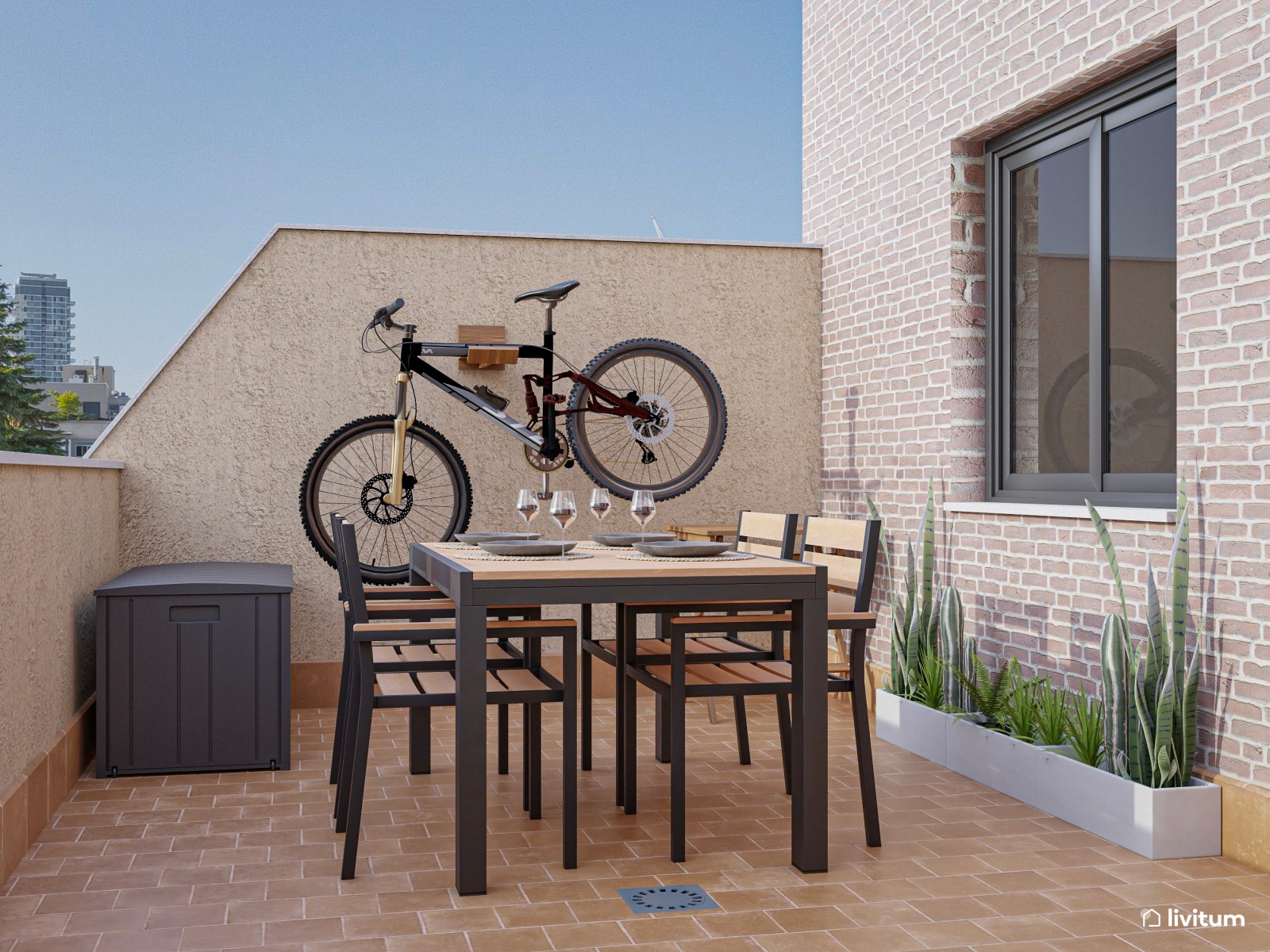 Terraza funcional con muebles de madera y acentos en negro