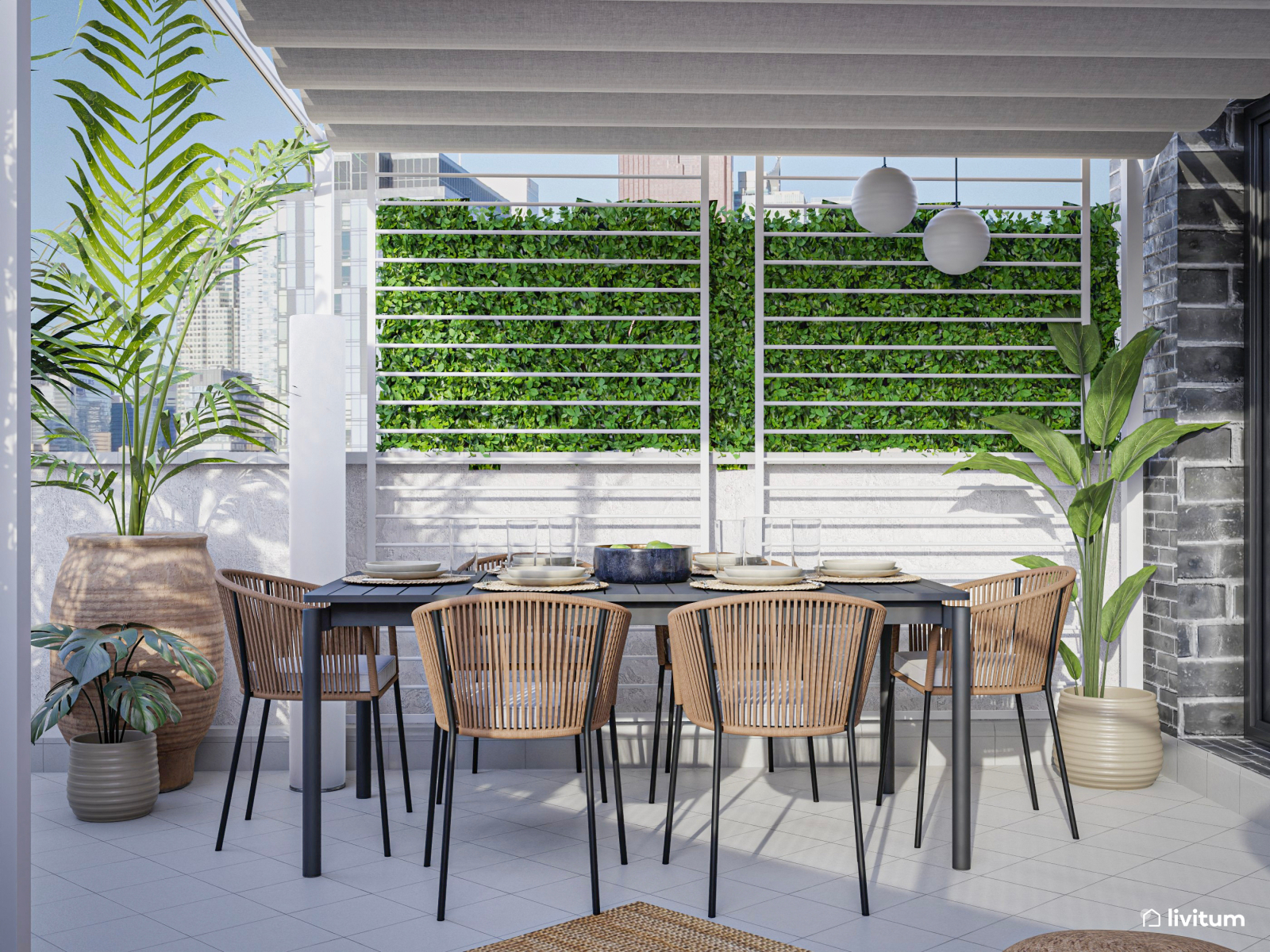  Terraza moderna, cómoda y amplia decorada con fibras naturales 