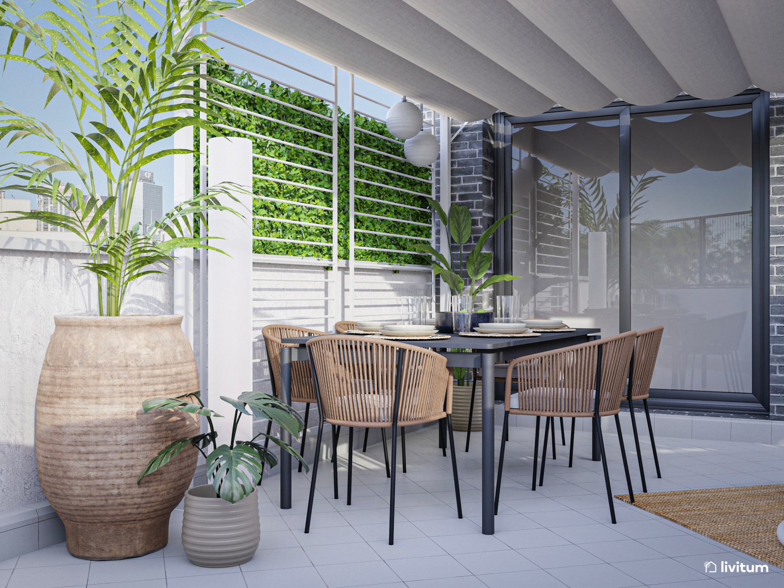  Terraza moderna, cómoda y amplia decorada con fibras naturales 