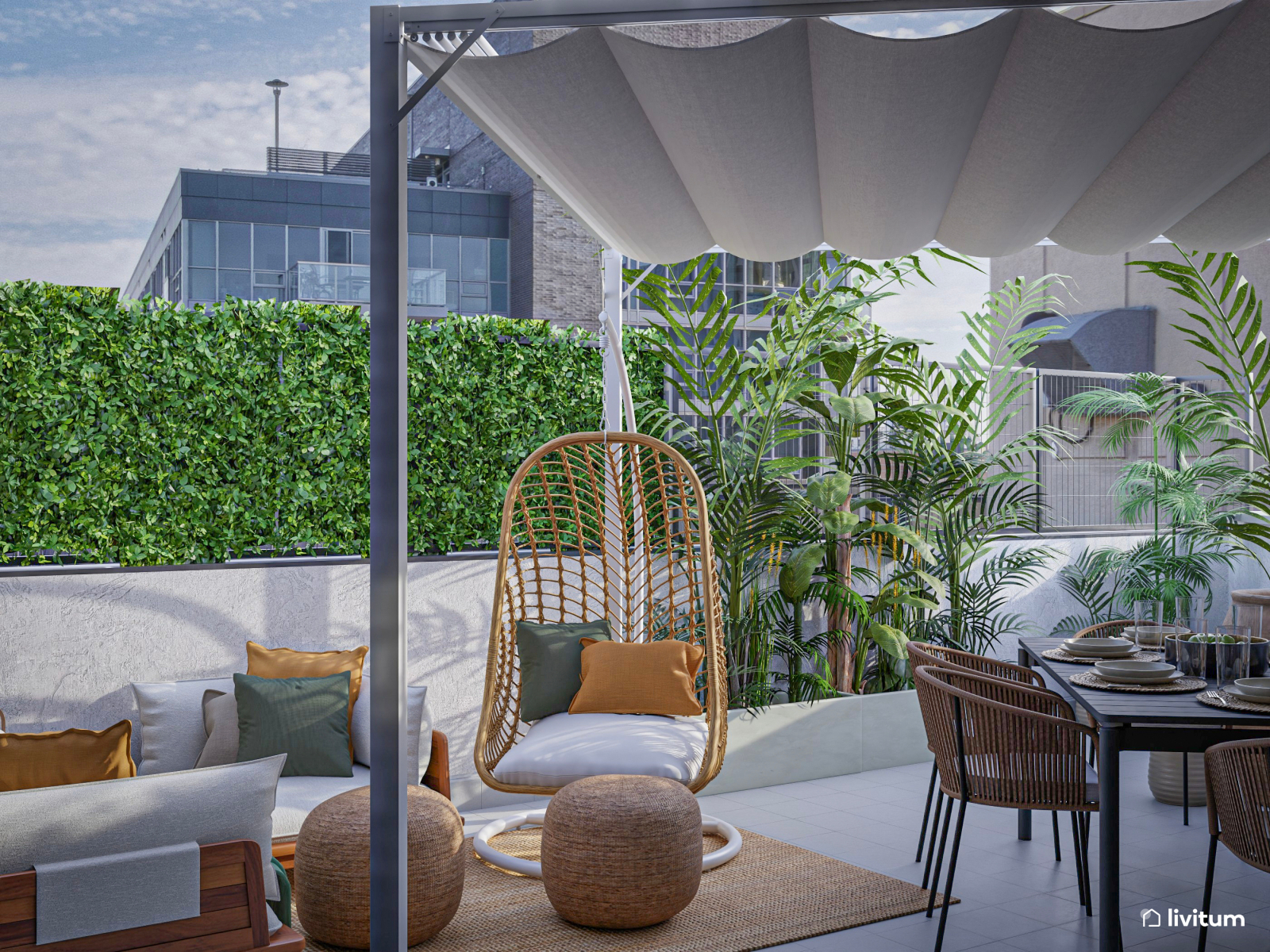  Terraza moderna, cómoda y amplia decorada con fibras naturales 