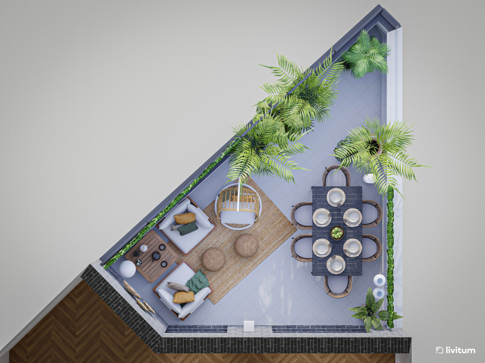  Terraza moderna, cómoda y amplia decorada con fibras naturales 