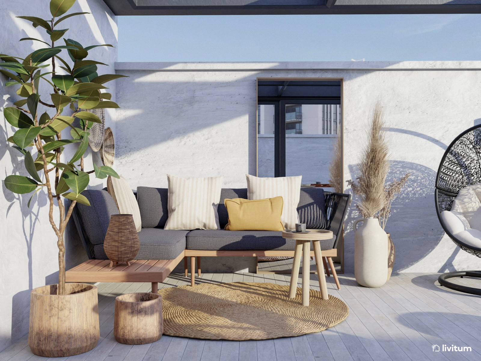 Terraza moderna y boho con sillón colgante en negro 