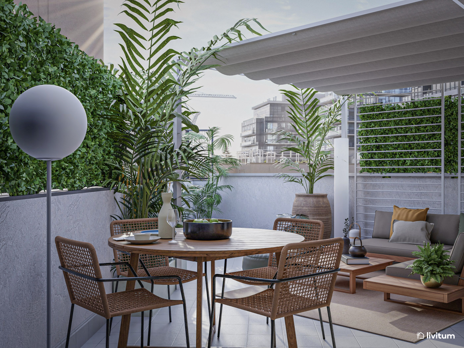 Terraza relajante con plantas y fibras naturales