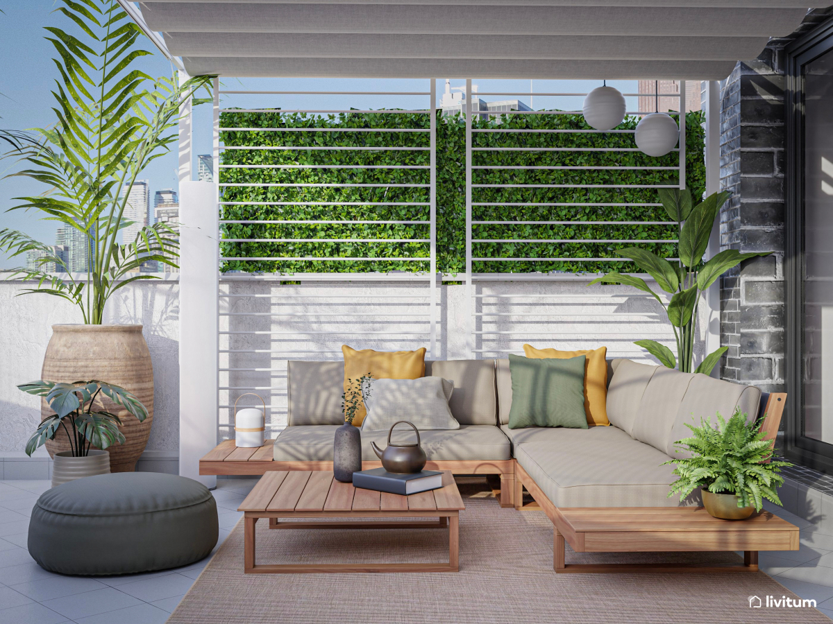 Terraza relajante con plantas y fibras naturales